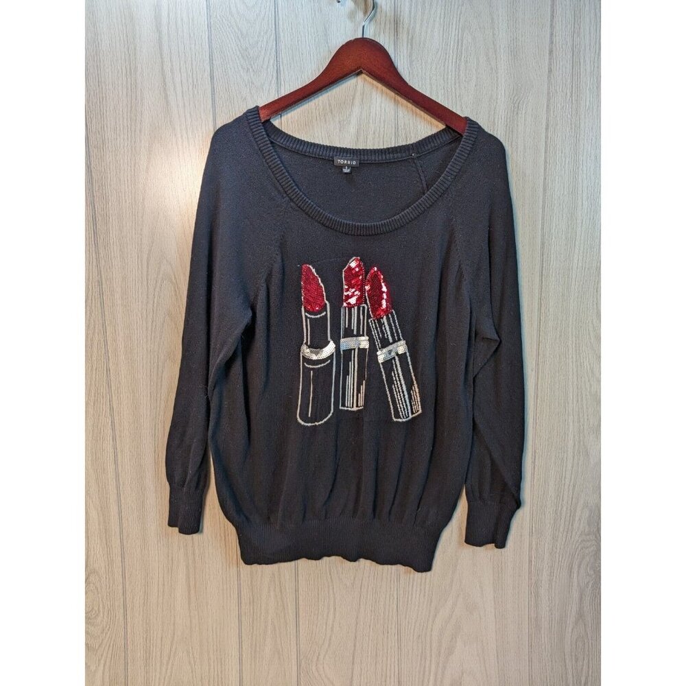 Torrid Black Red Sequin Lipstick Pullover Sweater Sequins Plus sz 1 1X READ